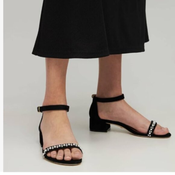 XYD Black Pearls Open Toe Strappy Low Block Heel Ankle Strap with Buckle Sandal - Picture 1 of 8